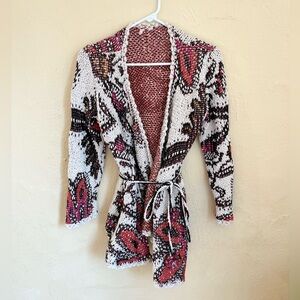 Boho Open Front Cardigan Sweater Textured Abstract Print Anthro Dupe